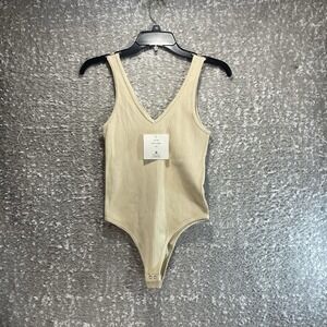 Gypsy + Jade Tan Ribbed Bodysuit S/M V-Neck Sleeveless Stretch Snap Closure NWT